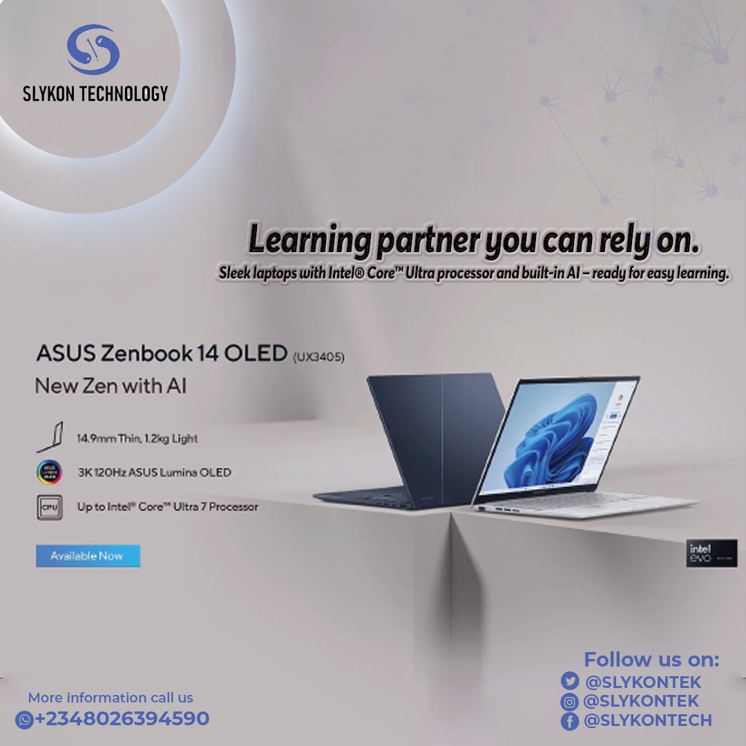slykon_store's tweet photo. Learning partner you can rely on.
Sleek laptops with Intel® Core™ Ultra processor and built-in AI – ready for easy learning.
Get yours today!
Call us at +23480394590 for your orders
#technology #computers #laptops #edutech #slykon #slykontechnology #slykontek https://t.co/Ag27LJ8Yvy