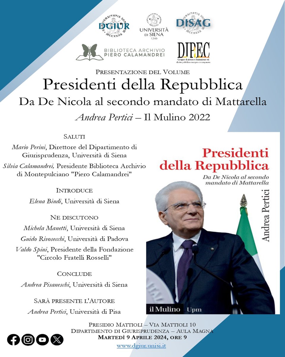 Martedì 9 aprile sarà presentato il volume “Presidenti della Repubblica. Da De Nicola al secondo mandato di Mattarella”, alla presenza dell'autore del libro, Andrea Pertici, dell'Università di Pisa #unisi #unisilife #presidentedellarepublica <a href="/unisiena/">Università di Siena</a> <a href="/andrea_pertici/">Andrea Pertici</a>