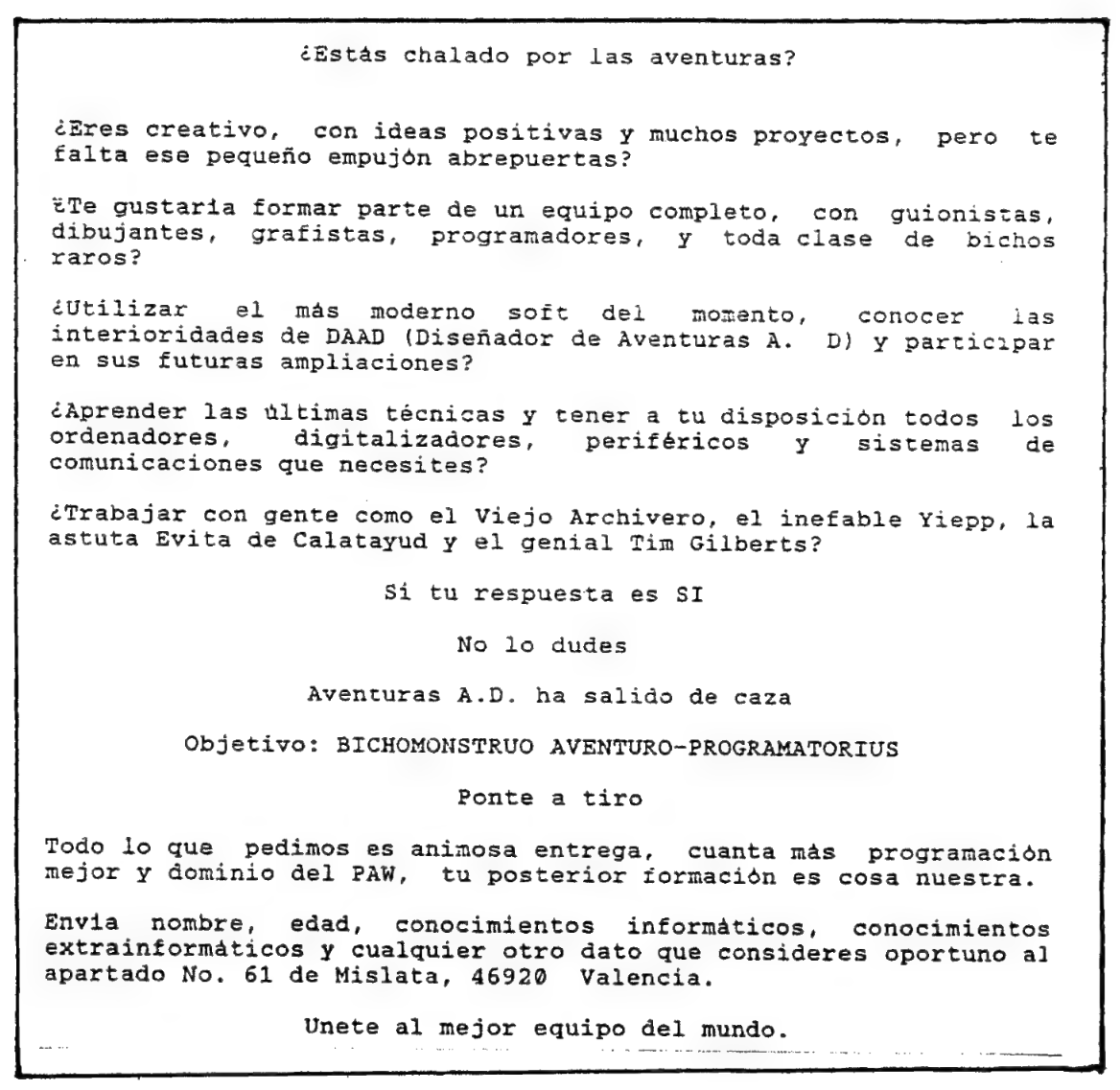 Juanjoide's tweet photo. ¿Cómo se buscaba ampliar el equipo en las primigenias compañías de videojuegos de finales de los electrónicos años 80? Pues en el caso de #AventurasAD, con anuncios como este, publicado en el #CAAD4, de diciembre de 1989. 😄 https://t.co/JpC698oD3A