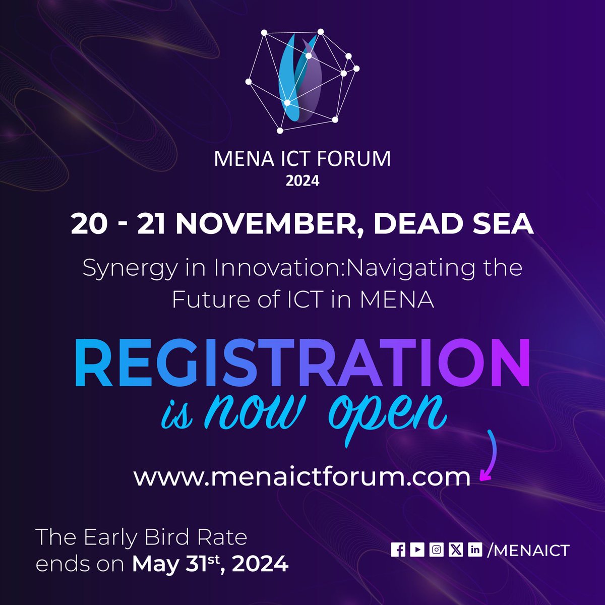Registration is now open for #MENAICTForum2024 Explore the latest in #Tech, network with industry #leaders, and join the #innovation wave Secure your spot today at menaictforum.com #MENAICTFORUM24 #future_of_ICT #AI #VR #CYBERSECURITY #IoT #WomenInTech