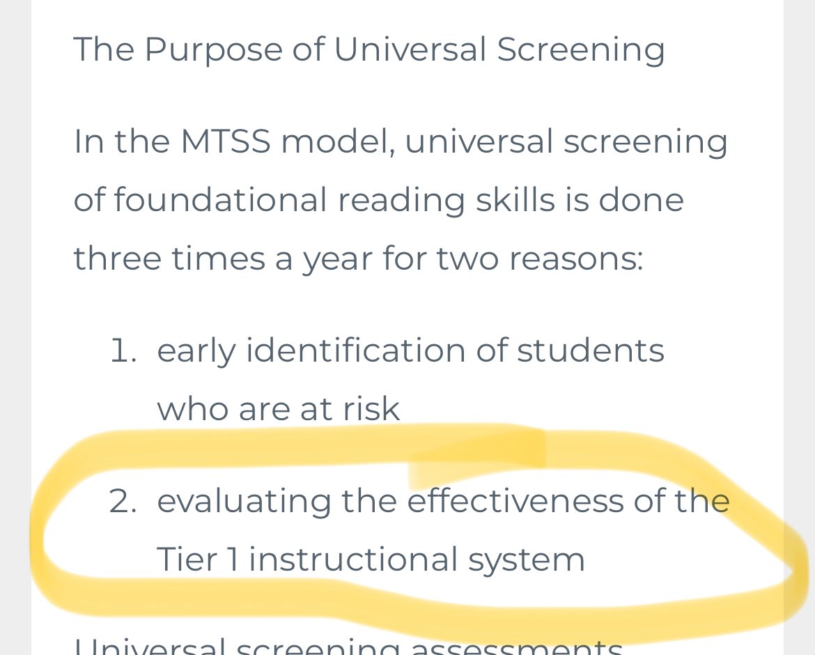 #MTSS is always about instruction—not students. It seems to be understood that universal screeners identify students at risk but I love how @sstollar6 reminds us they also measure the effectiveness of Tier 1 instruction. ⬆️Ss “at risk” should prompt us to look at T1 instruction.