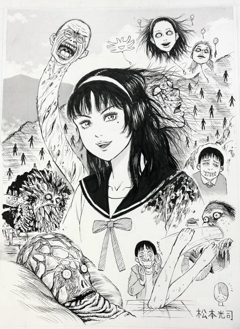 憧れの伊藤潤二先生の「伊藤潤二大研究」という本が出ました🎉✨✨
新作漫画も読めて最高ですよ!📖

なんと僕も2ページほど参加して、文書と絵を書かせて頂きました!😆😆✨️✨️

許可を頂けたので、その時の僕の描いた絵を上げますね。
(これは原稿です)
描くの超楽しかった!😆👍… 