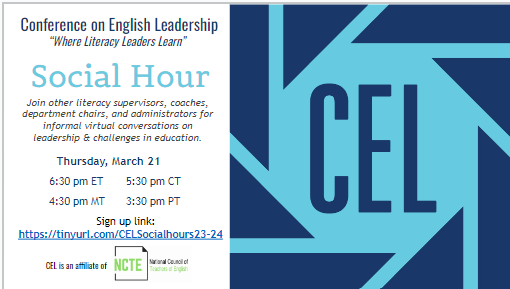 Join our #CELchat tonight and share your ELA leadership matters with other literacy supervisors, coaches, department chairs, teacher leaders, and administrators. Join our easy conversations on leadership and more! Thursday, 3/21 at 6:30 p.m. ET. More at tinyurl.com/CELSocialhours….