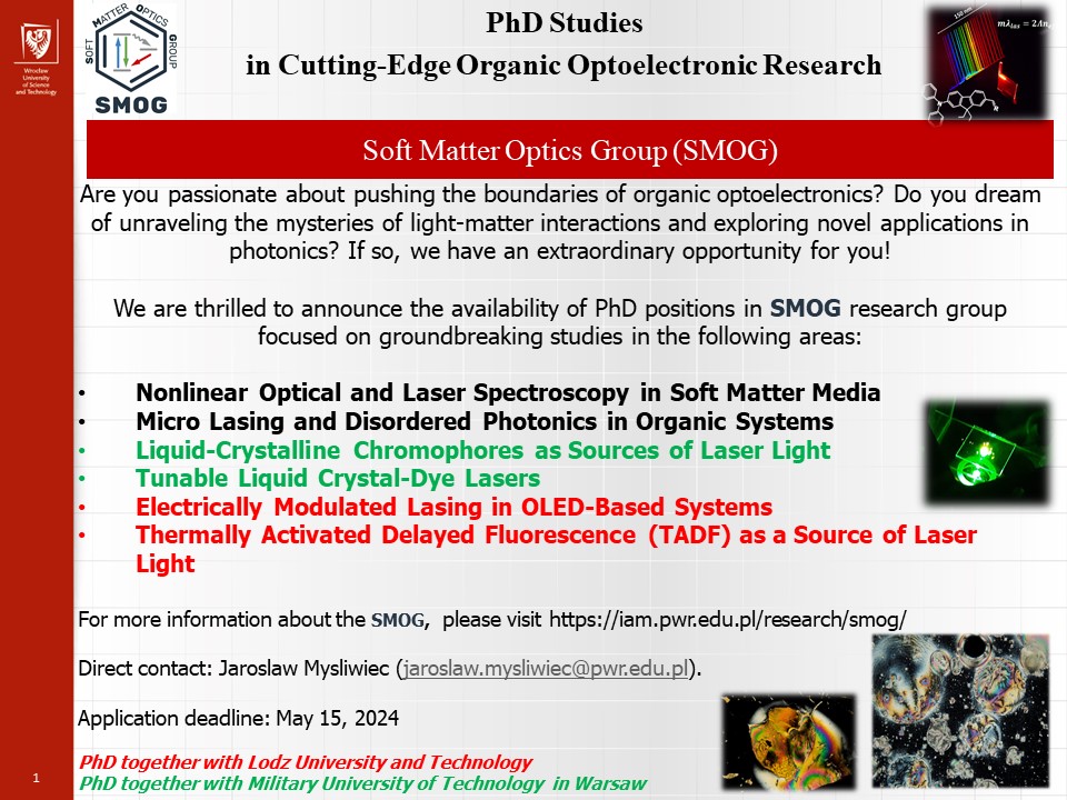 Apply for a #PhDposition  at <a href="/PWr/">PWR</a> in the areas of #disordered_photonics, #nonlinear_optics, #TADF, #lasing, #liquid_crystals
For more info: