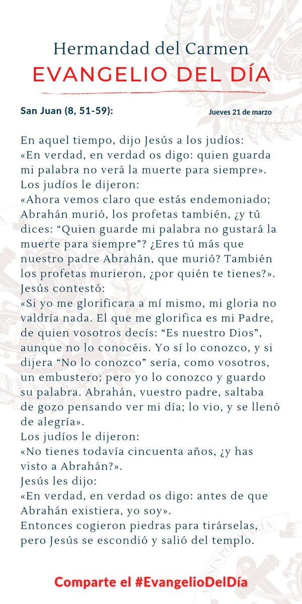pdninos's tweet image. #EVANGELIODELDÍA
Jn 8, 51-59
En aquel tiempo, Jesús dijo a los judíos: Yo les aseguro: el que es fiel a mis palabras no morirá para siempre

#DivinoNino #PadrEdwin #Cuaresma
@PadrEdwin @CSSPDN1 @RSB840AM @TVCA_ElSalvador @RadioYSAX800AM @Orientacionss @arzobispadoss @iglesia_sv