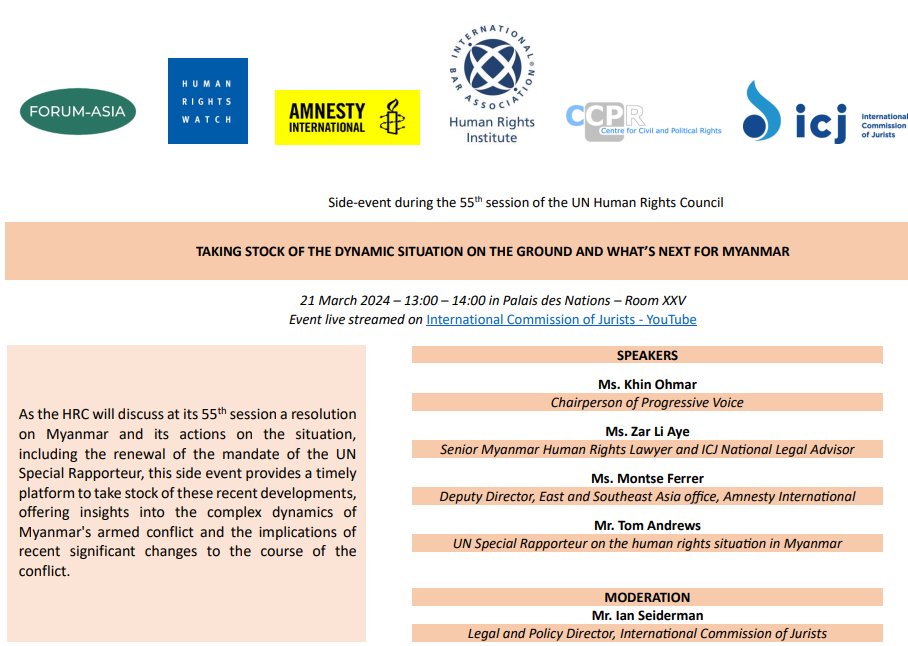 #Myanmar @ICJ_Asia📢Don't miss our #HRC55 side session with @forum_asia, @hrw, @amnesty, @IBAHRI, @CCPR_Centre. If not in person, follow the discussion on our Youtube channel (@ICJ_org)!