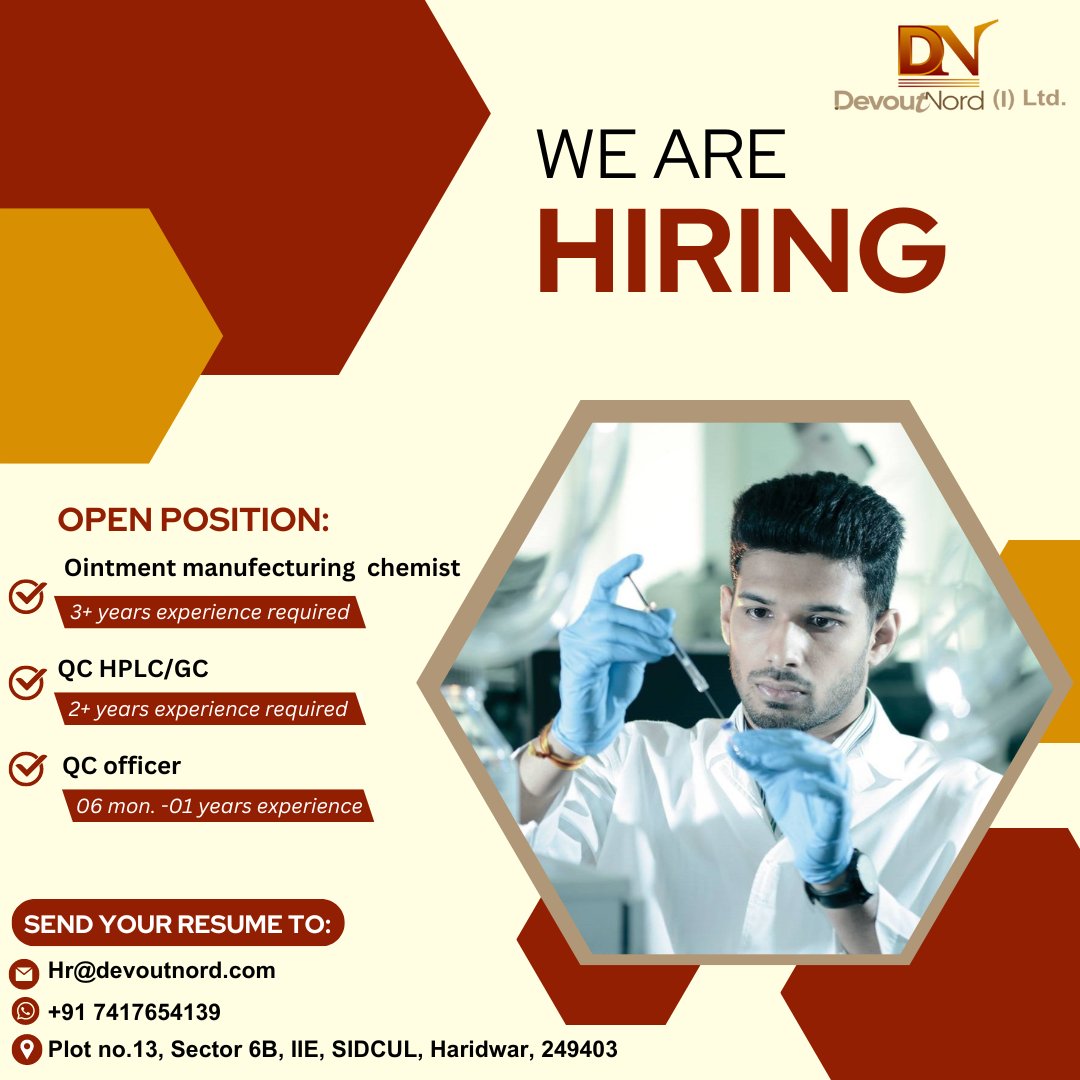 We are #Hiring

Please share your resume below details.
Email: Hr@devoutnord.com
Whatsapp: +91 7417654139
Address: Plot no.13, Sector 6B, IIE, SIDCUL, Haridwar, 249403

#PharmaCareers #JoinOurTeam #HealthcareJobs #hiring #hiring2024 #pharmajobs #devoutnord #hiringalert