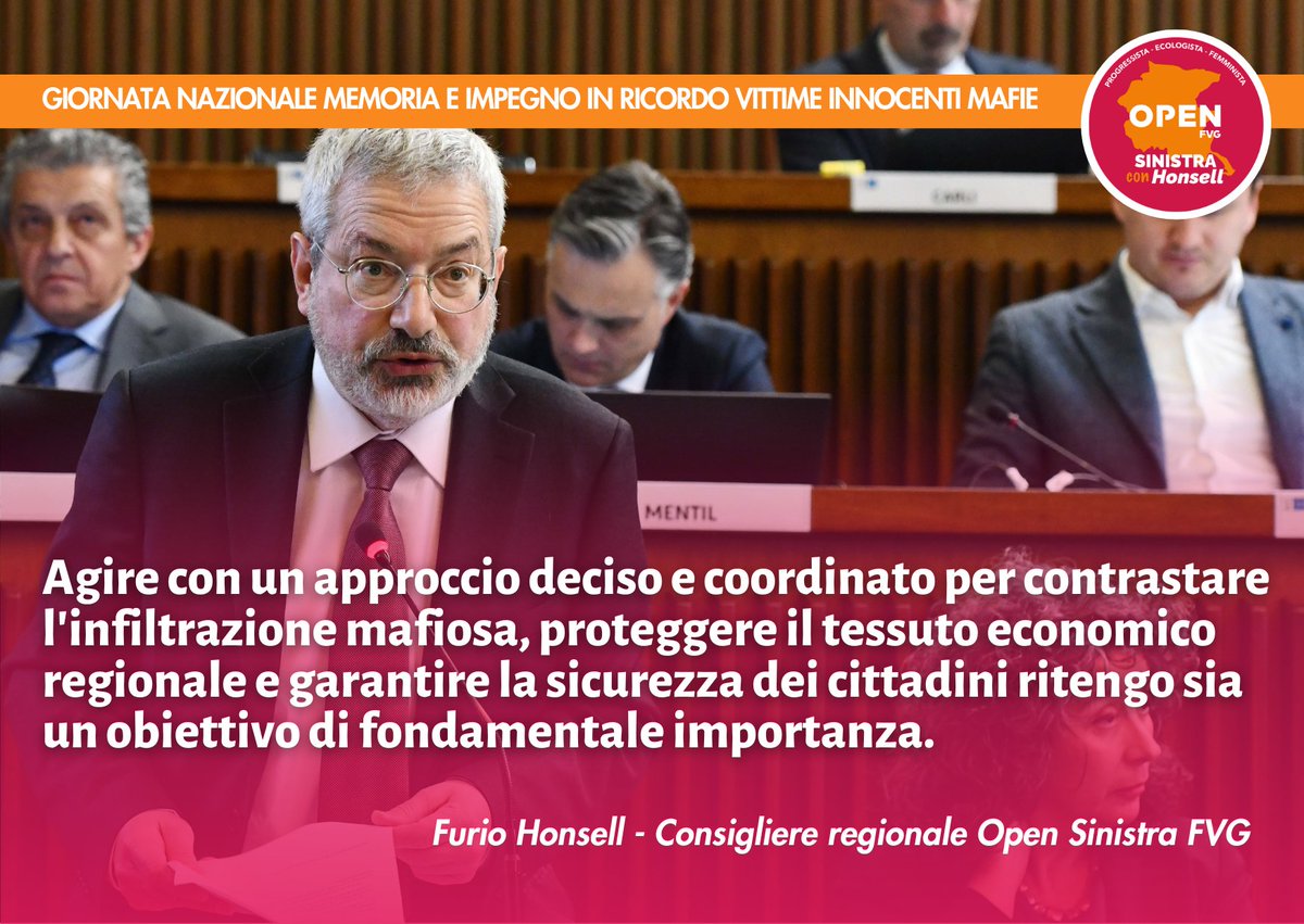 Presenza di #mafie tradizionali in #FVG evidenziano necessità d'impegno costante nella lotta a #criminalitàorganizzata: in questo giorno di riflessione invito l’intera Comunità a unirsi nel ricordo delle #vittime delle mafie e a promuovere azioni per contrasto a questo fenomeno