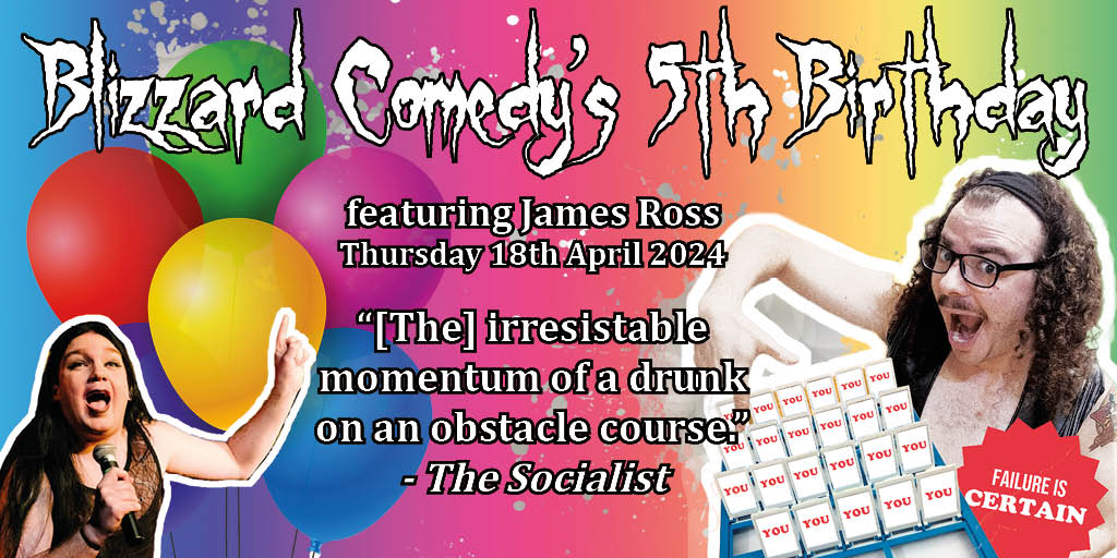 A performer who has shaped our approach to comedy, James Ross has changed the UK scene for the better He's headlining our birthday show at @gulliverspub on Thursday 18th April with a chaotic and brilliant game of Guess Who - featuring you. Find out more: blizzardcomedy.co.uk/2024/03/20/5th…