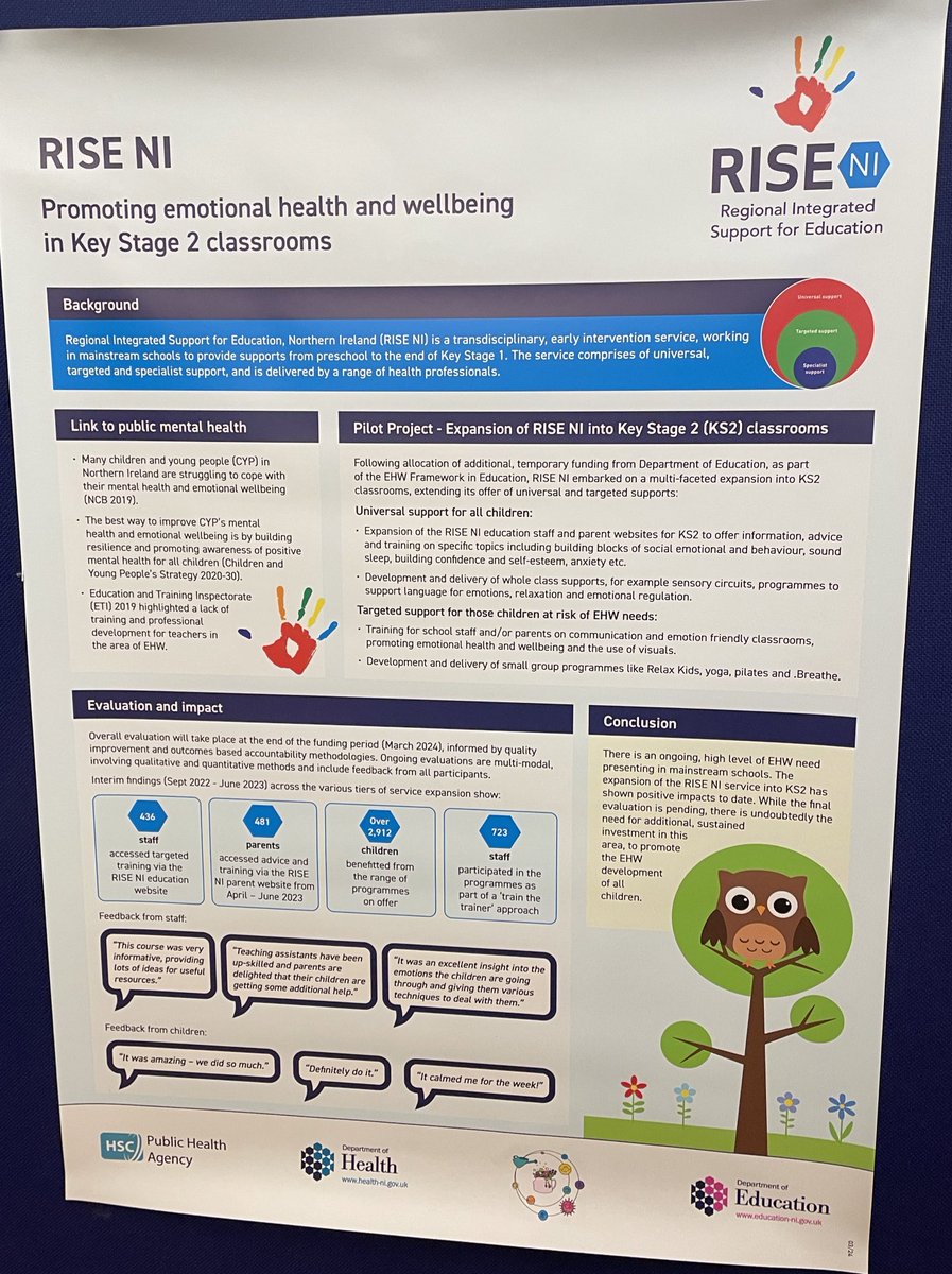 .@publichealthni conference today on ‘Developing a Public Mental Health Approach- the case for prevention’ - with RISE NI poster showcasing their great outcomes supporting Emotional Health and Wellbeing for Key Stage 2 pupils. @LisaMonSLT @GeraldineTeagu5 @explainedsnow