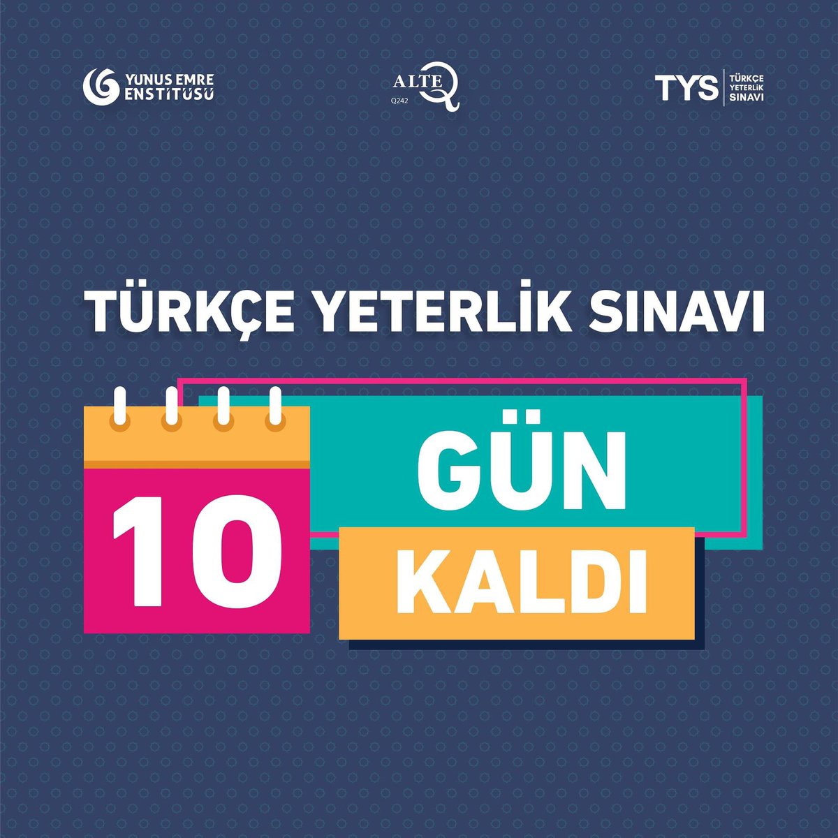 TYS’nin uluslararası geçerliliğe sahip ilk Türkçe dil yeterlik sınavı olduğunu biliyor muydunuz? 🌟TYS’ye Başvuru İçin Son 10 Gün 🌟 🗓Son gün 31 Mart 📅Sınav 27 Nisan’da! 💻Başvurular için 👉 sinav.yee.org.tr! #YunusEmreEnstitüsü #TürkçeYeterlikSınavı #TYS