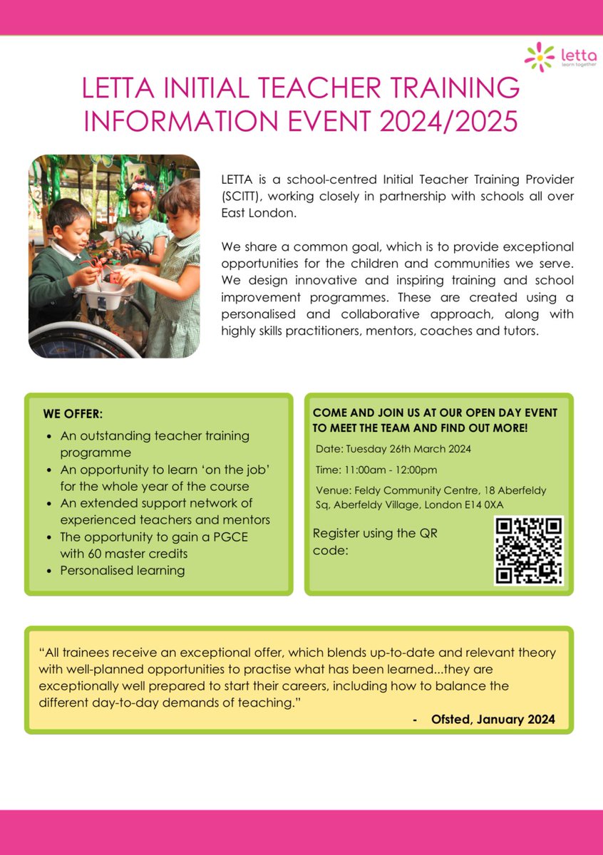 Explore your passion for teaching and kickstart your journey towards earning your PGCE and QTS with LETTA. Don't miss our open event tomorrow for invaluable insights. 

Can't make it? Save the next date for the 26th and secure your spot!