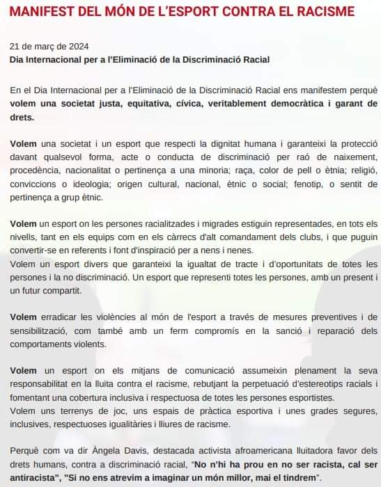 A la Junta Directiva del passat dilluns, el vicepresident de la Federació, Josep Maria Isern, va llegir el Manifest del Món de l'Esport en contra el Racisme, destacant la unitat i determinació de la Federació en contra qualsevol discriminació racial. #Noalracisme