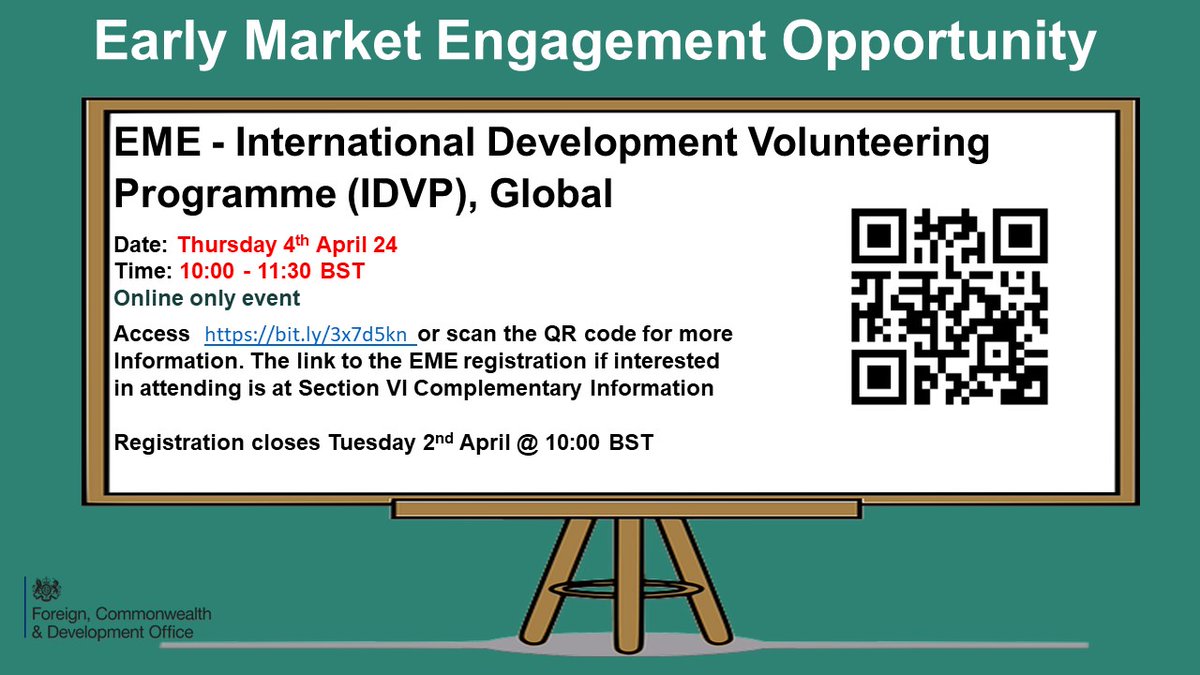 Early Market Engagement - International Development Volunteering Programme (IDVP), Global. Thursday 4th April @ 10:00 BST. Access bit.ly/3x7d5kn for further information and the link to register for this EME. #FCDOGovUK #UKAid