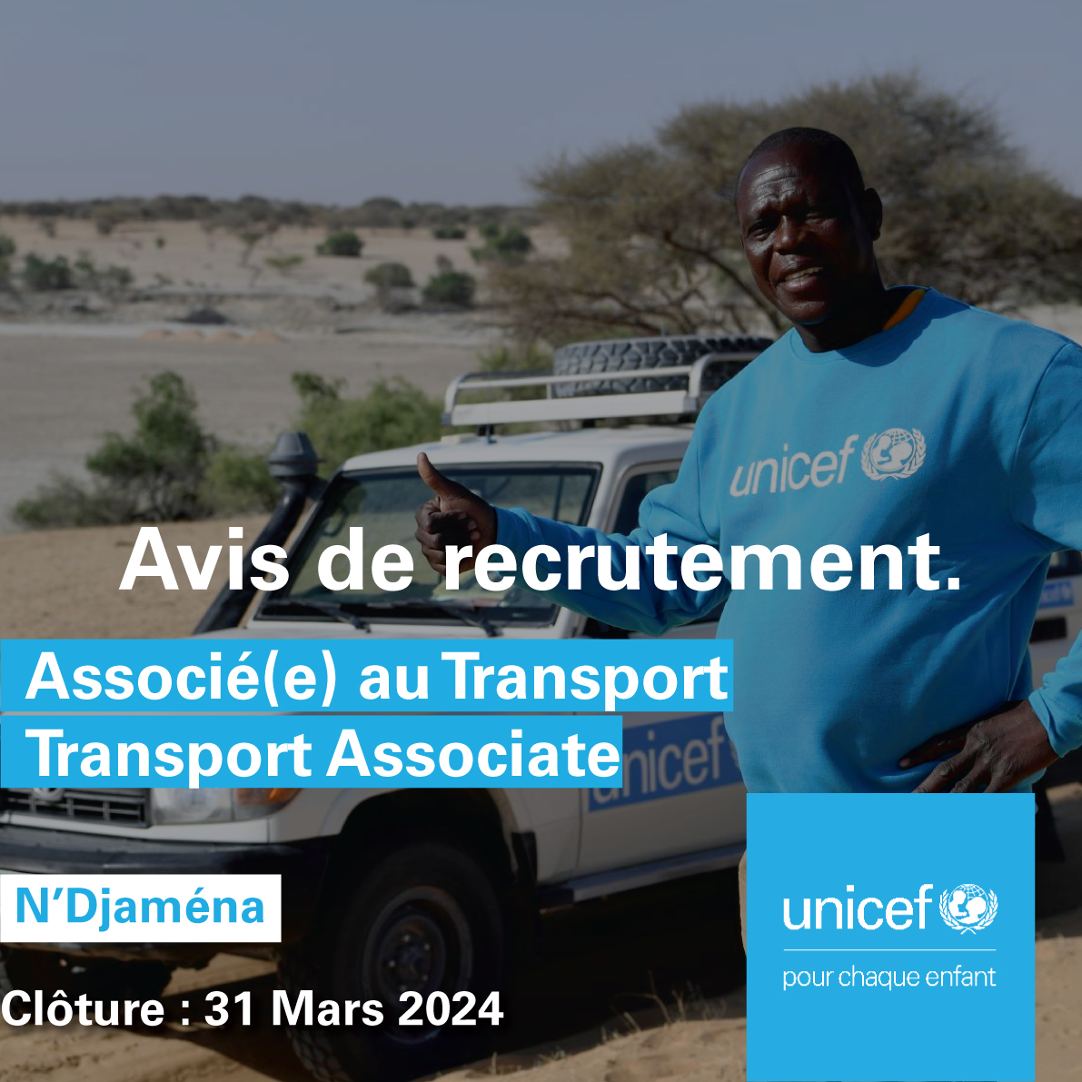 #OnRecrute : Associé(e) au Transport - Transport Associate 🚘 👉🏽 Pour postuler : uni.cf/3VlH7ei 👥Candidats nationaux uniquement ⏳ Contrat à durée déterminée 📍N'Djaména, #Tchad 🕓Date limite : 31 Mars 2024 #PourChaqueEnfant 💙