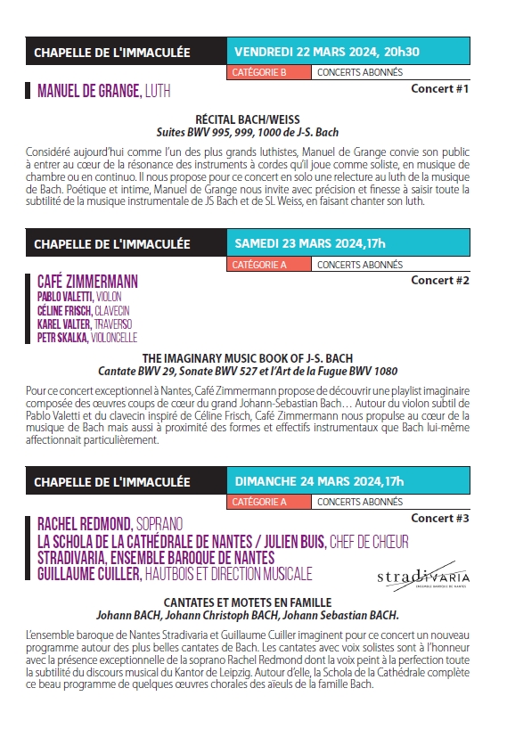 Week-End 100% Bach du 22 au 24 mars 2024, Chapelle de l'Immaculée - dans le cadre de Baroque en Scène.
///// Réservez vos Places ! 
billetterie.festik.net/musiquesacreec…
<a href="/LaCiteCongres/">La Cité Nantes</a> 
<a href="/ANOpera/">Angers Nantes Opéra</a> 
#musique #Nantes #Bach