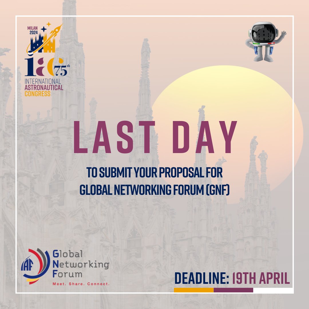 Last day to submit your proposal for the Global Networking Forum! For additional information and to submit your proposal, please visit: iafastro.org/events/iac/int… #IAC2024 @iafastro @aidaaitaly @ASI_spazio @Leonardo_live