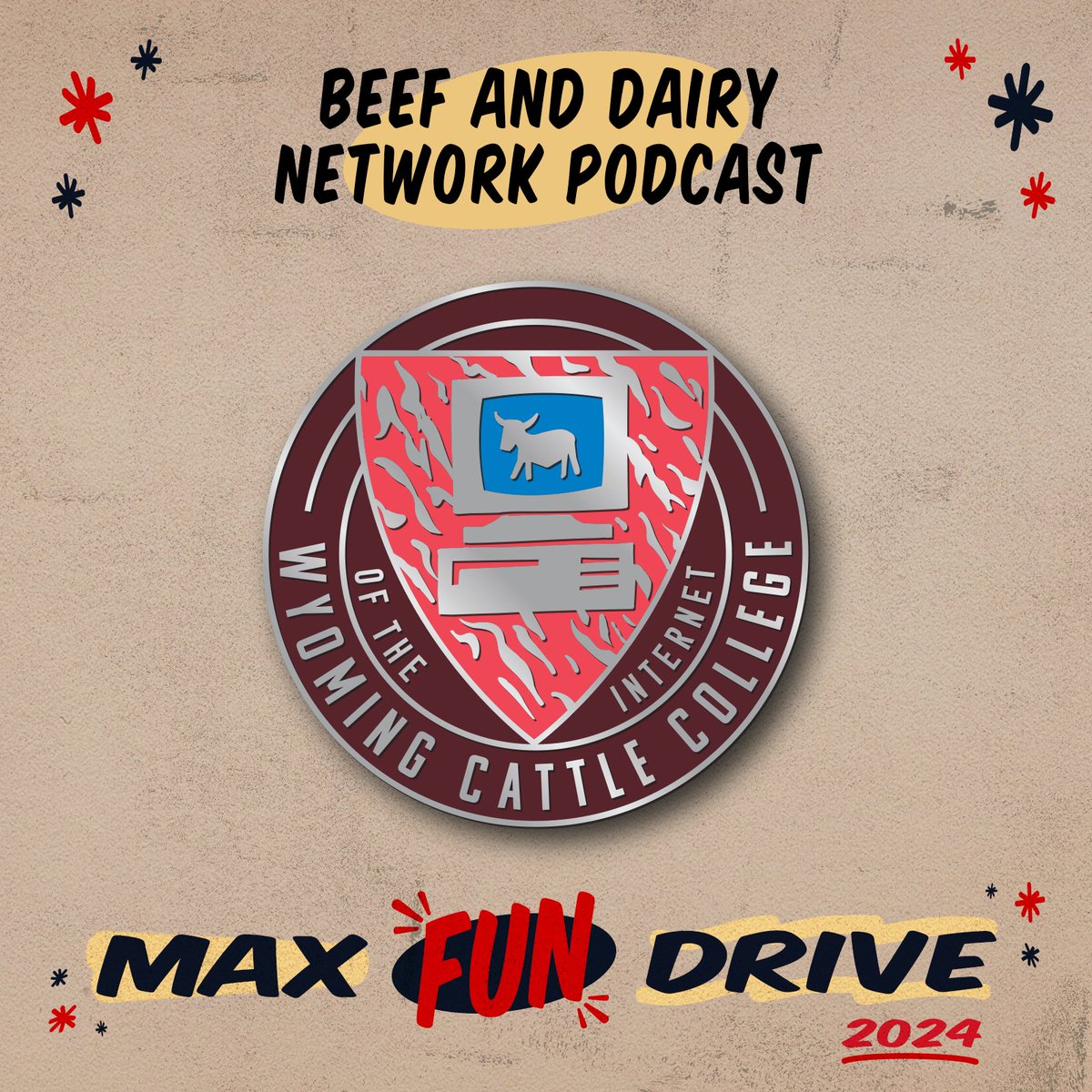 It's this year's #maxfundrive pin! Show the world that you were educated at the premier cattle college of the internet/Wyoming/the suburbs of Chicago with this official WCCOTI crest. maximumfun.org/join