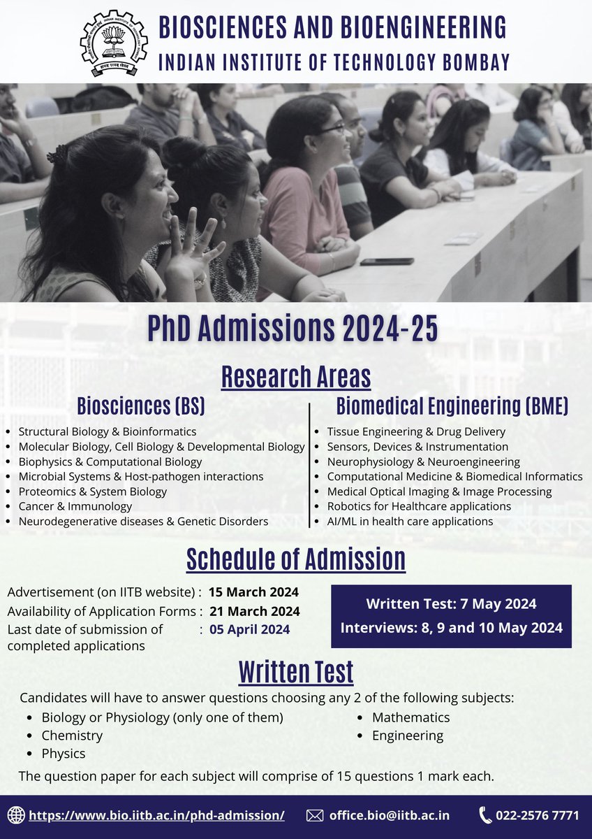 Biosciences & Bioengineering, IIT Bombay (@bsbeiitb) on Twitter photo It is now time to apply for PhD admission in IIT Bombay <a href="/iitbombay/">IIT Bombay</a> this year.
Apply online: portal.iitb.ac.in/phdapp/phdAdmiā¦
Last date to apply: 05 April 2024
We seek PhD students in both Biosciences and Bioengineering disciplines. See our faculty profiles <a href="/BsbeIitb/">Biosciences & Bioengineering, IIT Bombay</a> web page. It is now time to apply for PhD admission in IIT Bombay <a href="/iitbombay/">IIT Bombay</a> this year.
Apply online: portal.iitb.ac.in/phdapp/phdAdmiā¦
Last date to apply: 05 April 2024
We seek PhD students in both Biosciences and Bioengineering disciplines. See our faculty profiles <a href="/BsbeIitb/">Biosciences & Bioengineering, IIT Bombay</a> web page.