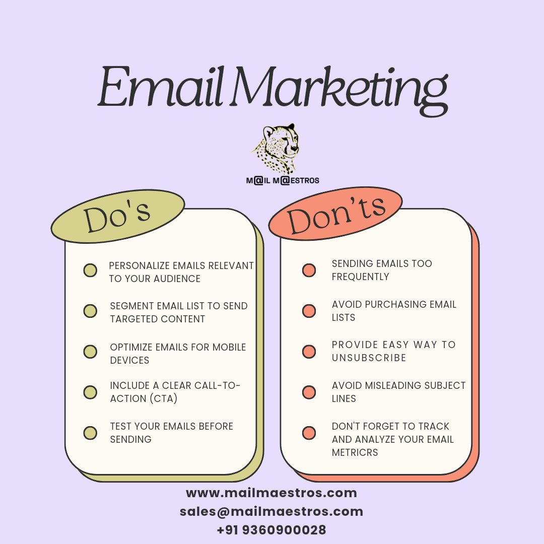 MailMaestros's tweet photo. Master Email Marketing with these Do's and Don'ts! From personalization to avoiding spammy tactics, learn how to engage your audience effectively and boost your campaign success.
Visit us: https://t.co/GcTiQRfeag
#mailmaestros #emailmarketing #bulkemailserviceprovider  #bulkemail https://t.co/UXJlf37bzn