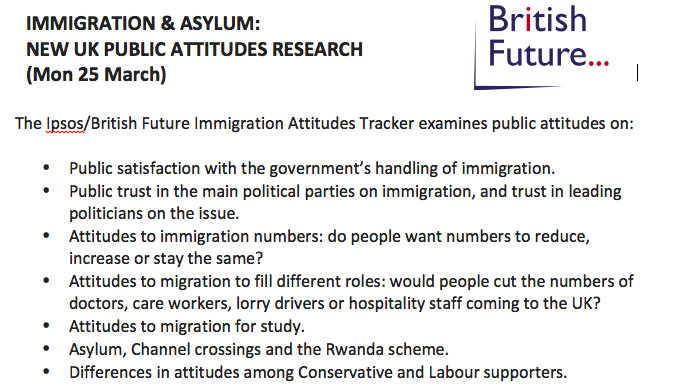 Look out on Monday (25 March) for the new report of the @IpsosUK /@britishfuture Immigration Attitudes Tracker. This is the 16th wave of the tracker research, which has tracked public attitudes to immigration since 2015.