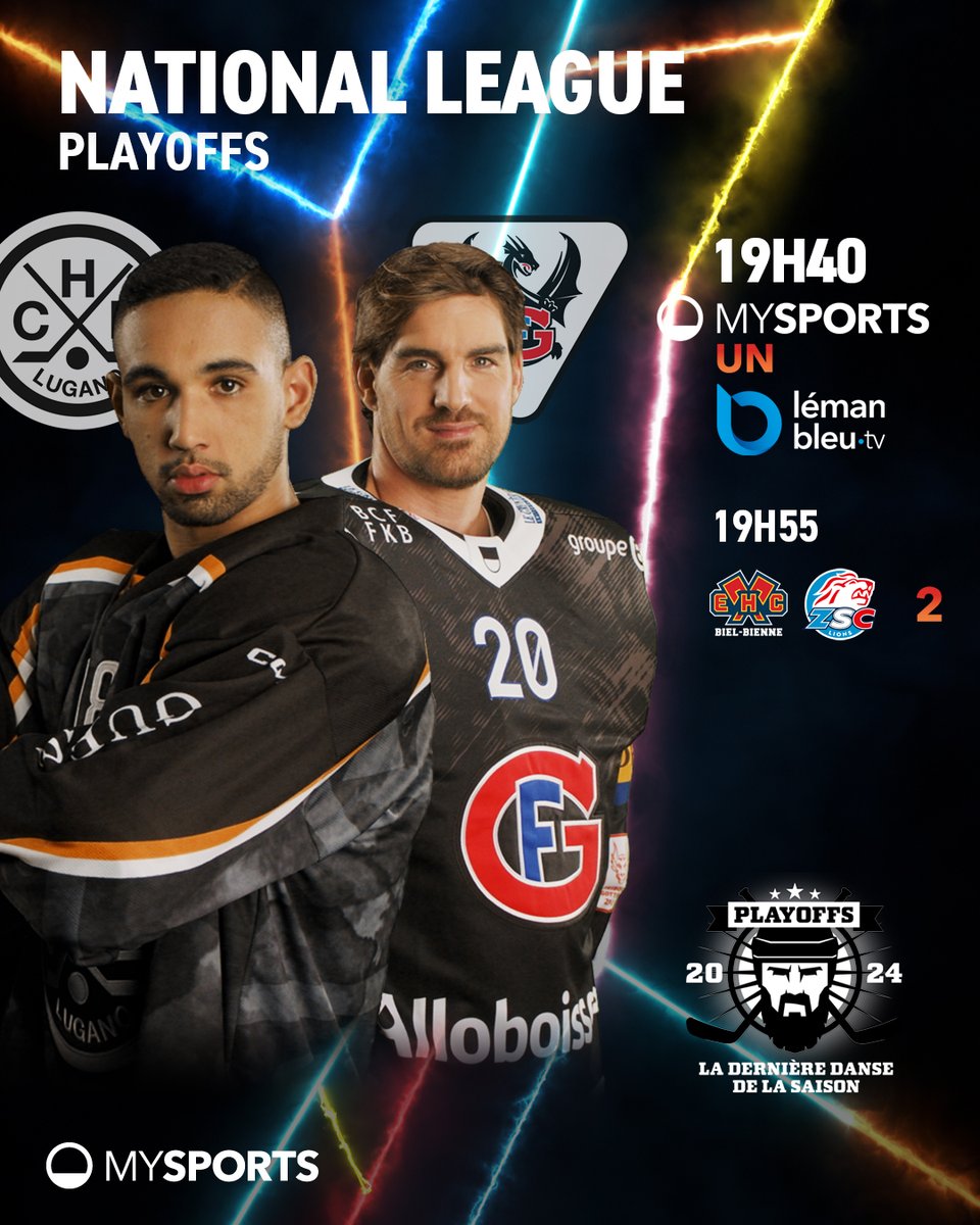 🔥 𝐐𝐮𝐚𝐫𝐭𝐬 𝐝𝐞 𝐟𝐢𝐧𝐚𝐥𝐞 𝐝𝐞𝐬 𝐩𝐥𝐚𝐲𝐨𝐟𝐟𝐬 🔥

Acte IV des séries <a href="/zsclions/">ZSC Lions</a> 🆚 <a href="/ehcbiel/">EHC Biel-Bienne</a> &amp; <a href="/FrGotteron/">Fribourg-Gottéron</a> 🆚 <a href="/OfficialHCL/">Hockey Club Lugano</a> ce soir sur #MySports.

En studio, retrouvez Jonathan, Stéphane et <a href="/Mieville23/">Alain Mieville</a>.

📱 Tous les matchs en direct sur #MySports et notre app