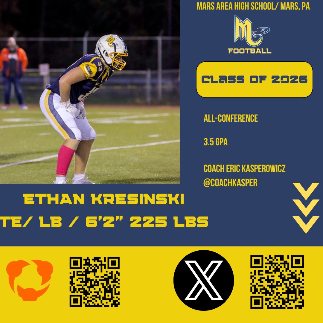 MarsHSFootball's tweet image. All eyes on the…Class of 2026
TE/LB @Ethan_Kresinski 
#MarsMade 

👽🏈💪#WT2         👀👇
