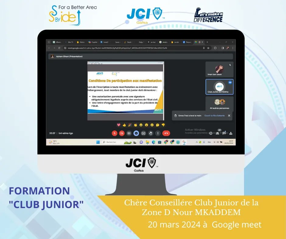 JCI_GAFSA's tweet photo. ♦️Retour en images sur notre participation à la session d'information "Club Junior" animée par notre  Chère Conseillére Club Junior de la Zone D Nour MKADDEM aujourd'hui le 20 Mars 2024 21h00 à travers la plateforme GoogleMeet. 💙 https://t.co/QC6D1lefwJ