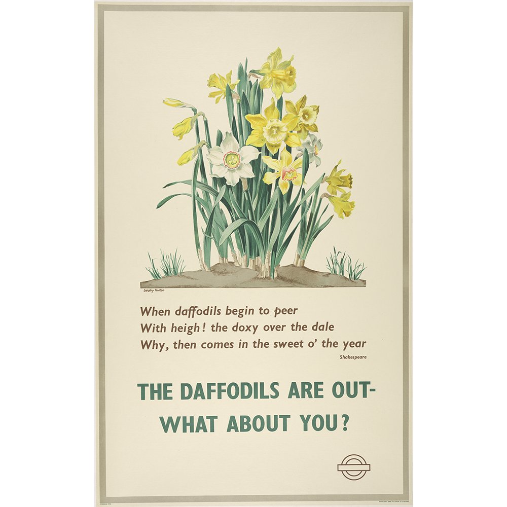 It's spring! Have you spotted any daffodils yet? Image: Dorothy Hutton, 'The Daffodils Are Out. What About You?,' 1939, lithograph on paper, #YaleCenterforBritishArt, gift of Reba and Dave Williams © TfL