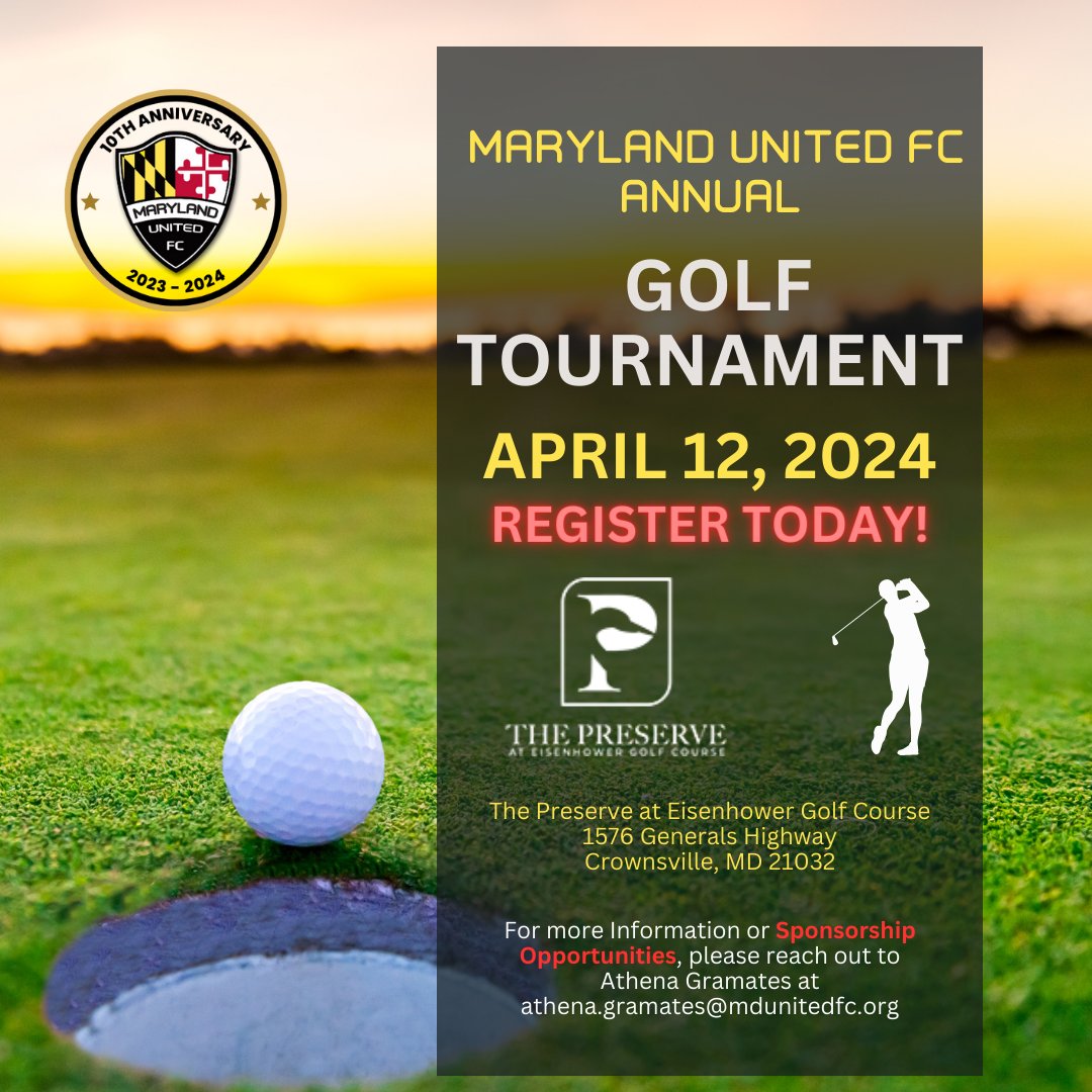 ⛳ Exciting news – the Maryland United FC Golf Tournament will be held April 12, 2024, at The Preserve at Eisenhower Golf Course! 🏌️‍♂️ Dust off your clubs and join us for a day of fun and a swingin’ good time. 🌟 REGISTER TODAY at the link in our bio or visit our website 🎉