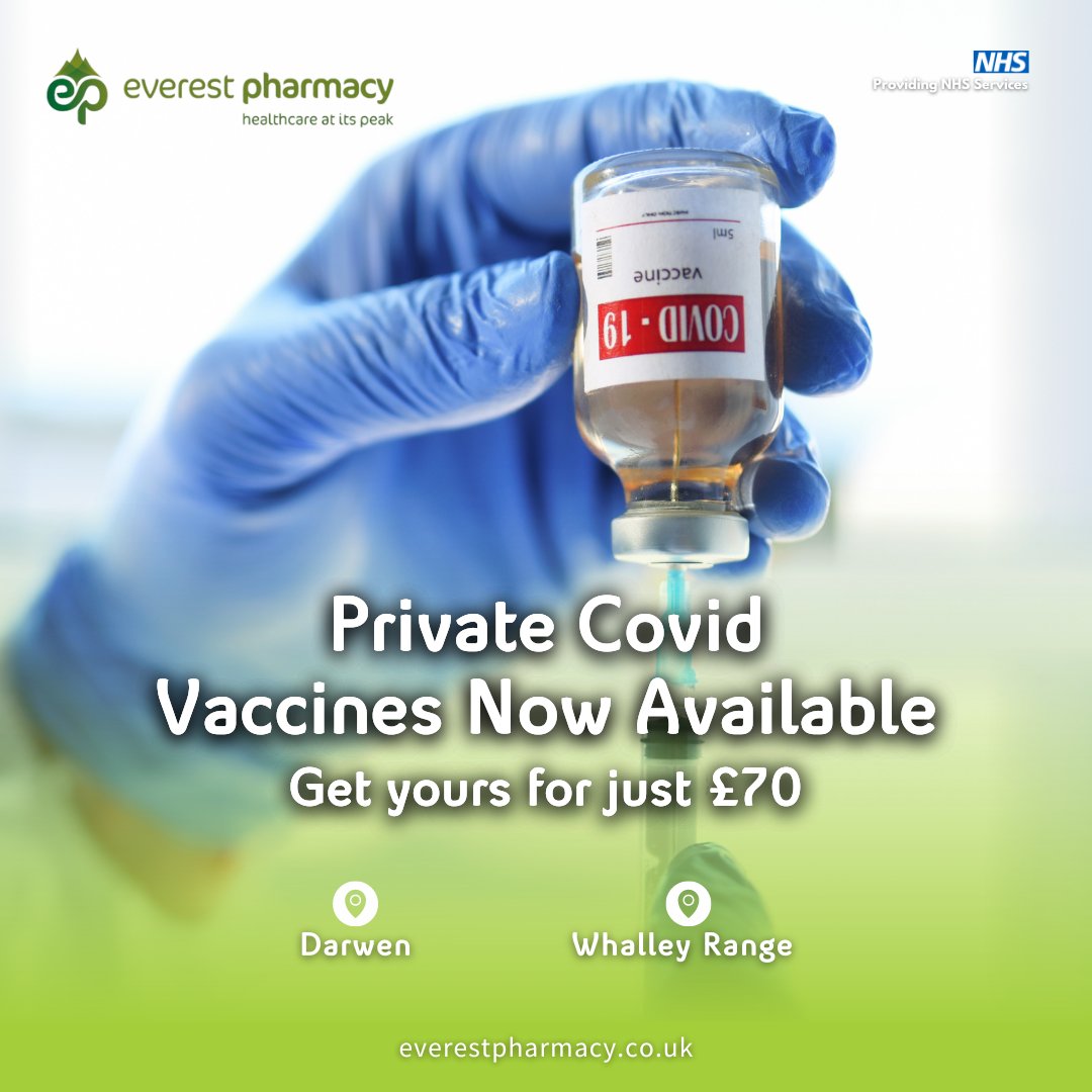 We're still offering Covid vaccines!

Pop-in to our Whalley Range or Darwen branch to get yours today.

This private service costs just £70 and keeps you protected.

Come and see us or visit our website: bit.ly/44D4AJz
