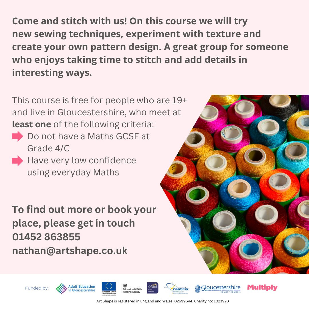 Come stitch with us! On this course we will try new sewing techniques, experiment with texture and create your own pattern design. To find out more or book your place, please get in touch 01452 863855 or email nathan@artshape.co.uk #ArtShape #ArtShapeCourses #Local