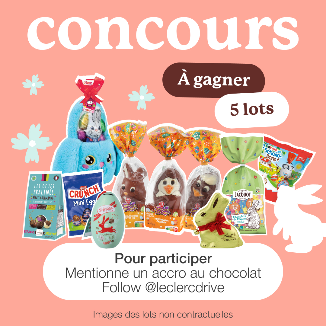 leclercdrive's tweet image. 🔔 𝐉𝐄𝐔 𝐂𝐎𝐍𝐂𝐎𝐔𝐑𝐒 🔔

Pour Pâques, on a décidé de vous régaler avec 𝟓 𝐥𝐨𝐭𝐬 𝐝𝐞 𝐜𝐡𝐨𝐜𝐨𝐥𝐚𝐭𝐬 à gagner ! 🍫🐰

𝗣𝗼𝘂𝗿 𝗽𝗮𝗿𝘁𝗶𝗰𝗶𝗽𝗲𝗿 : Suivez-nous &amp;amp; mentionnez un accro au chocolat (ça peut être vous 😋)

𝐓𝐀𝐒 : 29/03
#JeuxConcours #CONCOURS #Contest