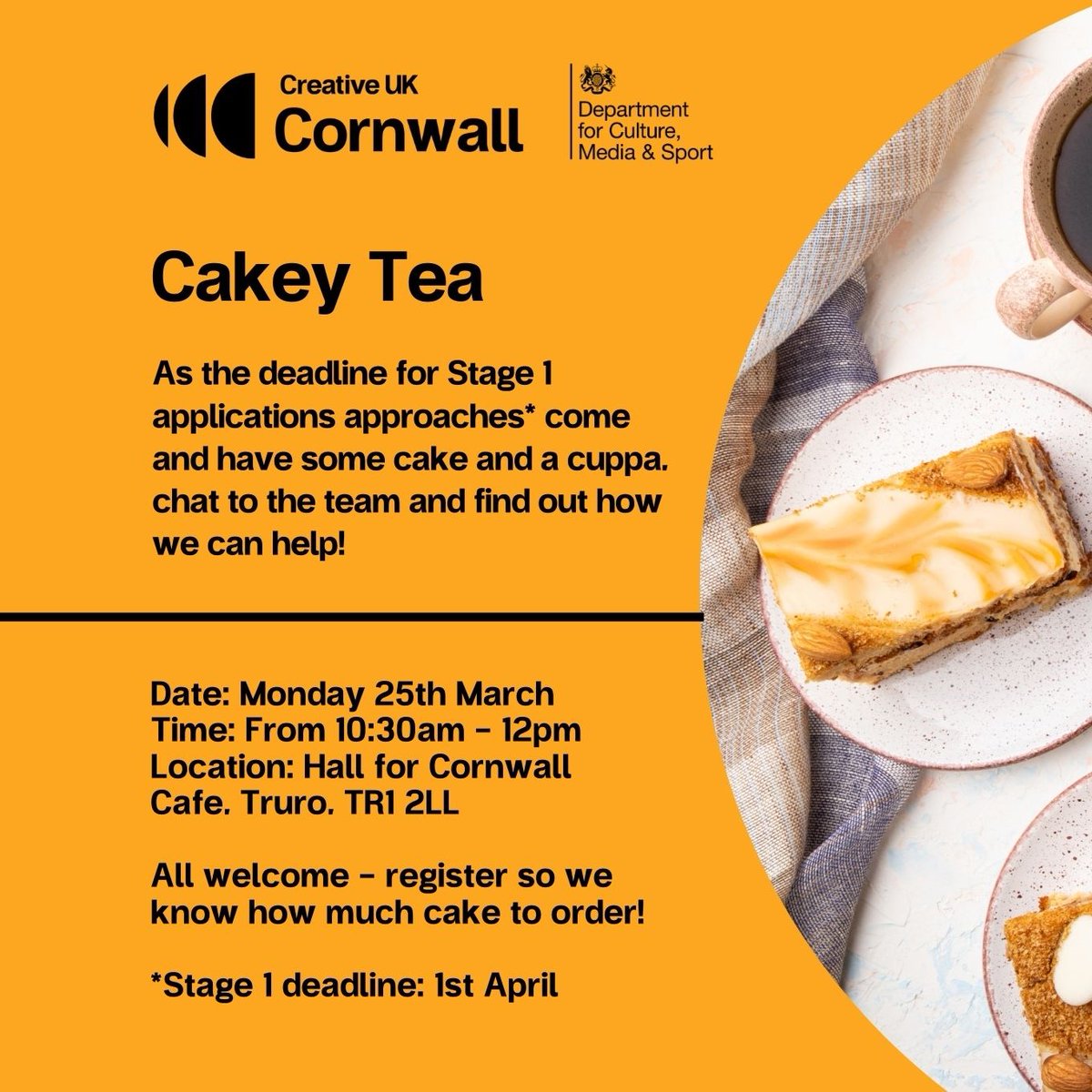 If you need support with your Stage 1 application, or simply want to find out how the #creategrowthprogramme can support you and your business, come along to our 'cakey tea' drop-in session @HallforCornwall on Mon 25 March, 10:30am-12pm - register here: hubs.ly/Q02q8n990 🚀