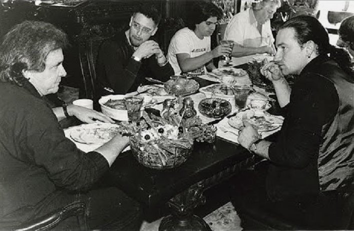 #Bono: “Johnny Cash had us round to lunch…. He said Grace with this beautiful meandering prayer, thanking God for everything…. I was very moved. Then Johnny opened his eyes, turned to me and said, ‘Sure miss the drugs, though!’”

U2 by U2, p. 204