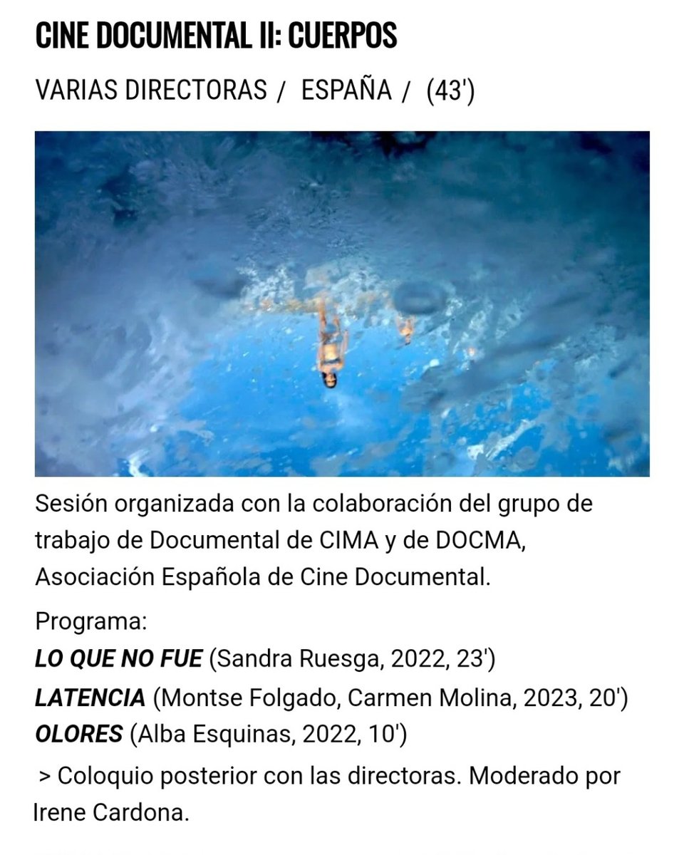 Cineteca Madrid (@cinetecamadrid) on Twitter photo 💪Tras el 1er. programa de cine documental dirigido por mujeres (Territorios), #CimaEnCorto ofrece hoy #21MAR la sesión 'Cuerpos', una nueva muestra junto a <a href="/CIMAcineastas/">CIMA - Asociación de Mujeres Cineastas</a> y <a href="/a_docma/">DOCMA</a>👇
cinetecamadrid.com/programacion/c…
Habrá coloquio posterior con las directoras en #CinetecaMadrid 💪Tras el 1er. programa de cine documental dirigido por mujeres (Territorios), #CimaEnCorto ofrece hoy #21MAR la sesión 'Cuerpos', una nueva muestra junto a <a href="/CIMAcineastas/">CIMA - Asociación de Mujeres Cineastas</a> y <a href="/a_docma/">DOCMA</a>👇
cinetecamadrid.com/programacion/c…
Habrá coloquio posterior con las directoras en #CinetecaMadrid