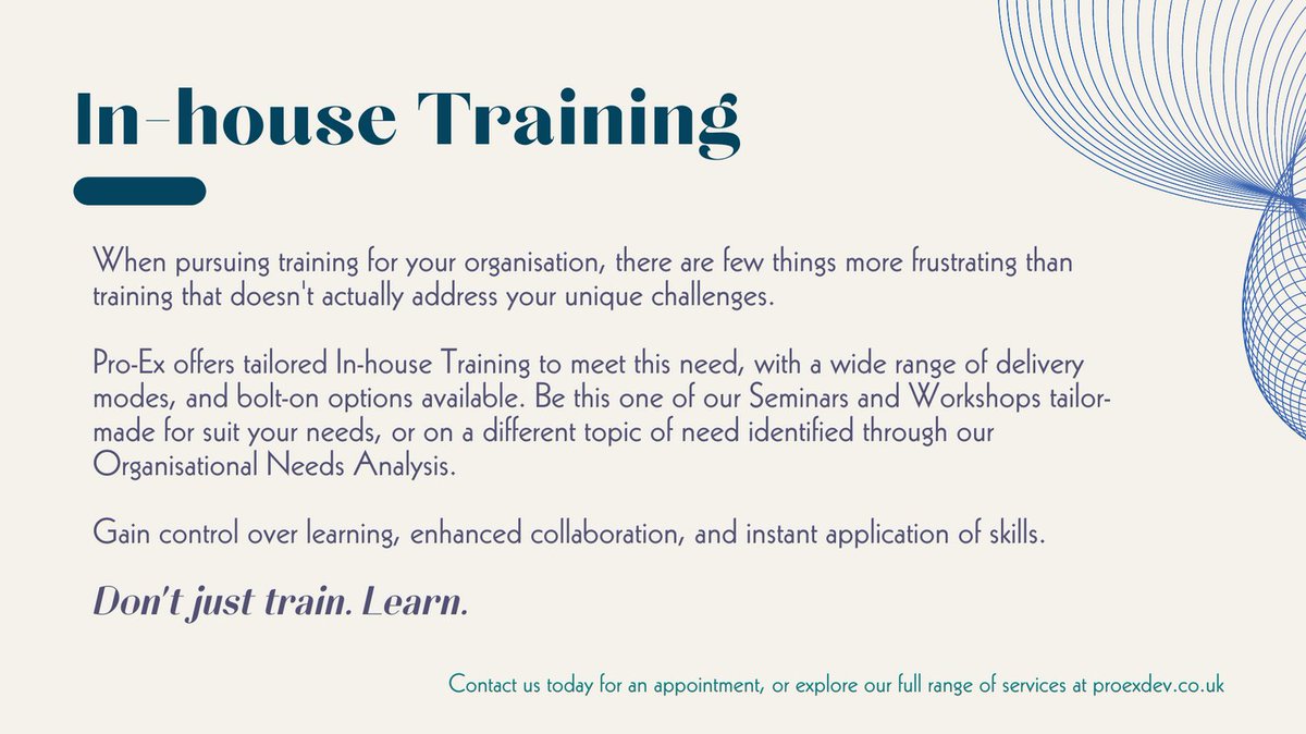 ProExDev_'s tweet photo. Say goodbye to generic training and hello to tailored solutions! 

With Pro-Ex's In-house Training, address your organisation's unique challenges head-on. 
Gain control, enhance collaboration, and apply skills instantly. 

#InHouseTraining #TailoredSolutions #LearnWithPurpose" https://t.co/tYhVWPAi4t
