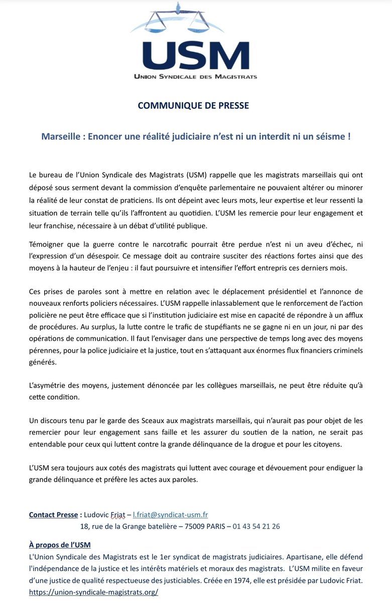 Notre communiqué de presse 'Marseille : Énoncer une réalité judiciaire n'est ni un interdit ni un séisme' ⤵️