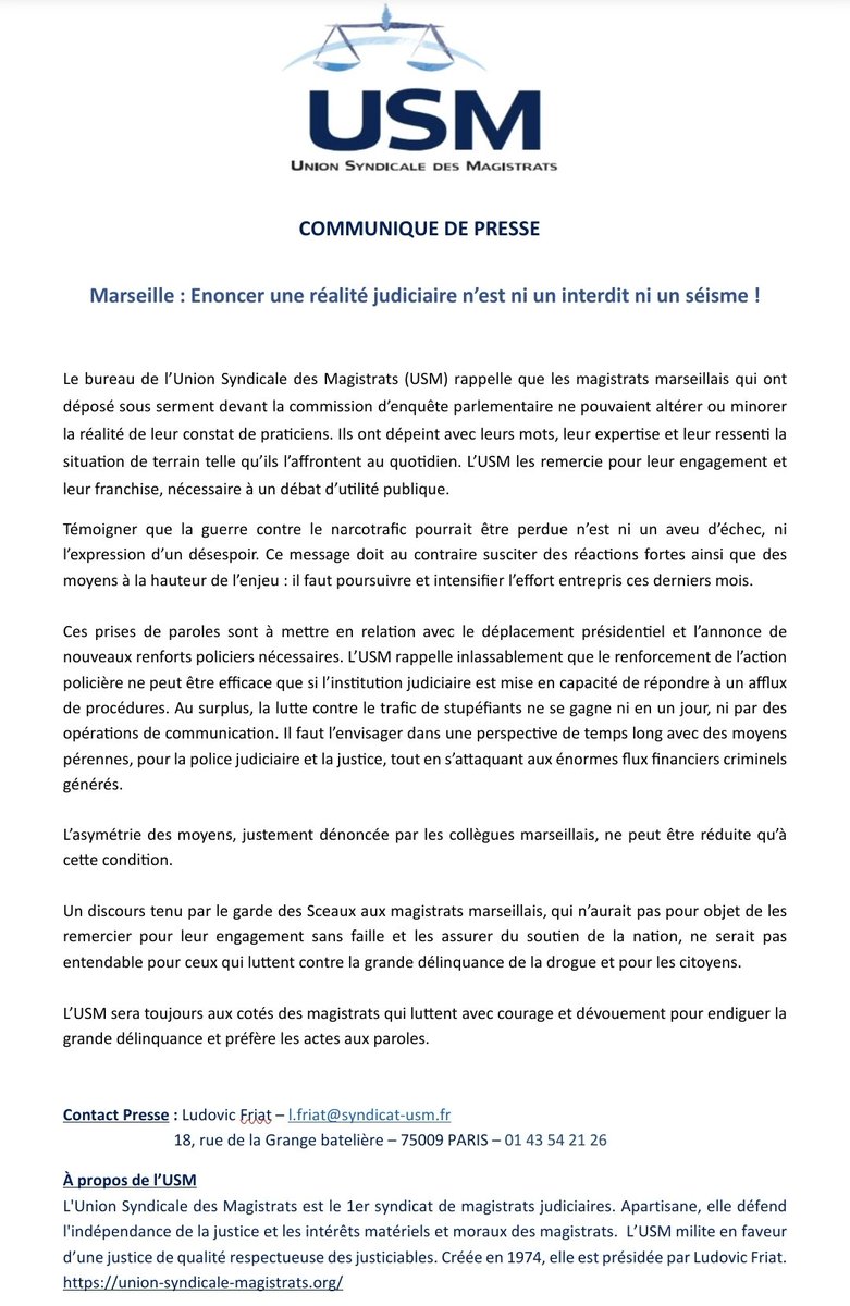 Notre communiqué de presse "Marseille : Énoncer une réalité judiciaire n'est ni un interdit ni un séisme"
⤵️