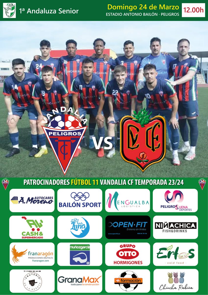 ¡Nos enfrentamos al segundo clasificado!
📆 Domingo 12.00h
⚽ Vandalia CF vs Cullar Vega CF
🥇 1ª Andaluza senior
🟩 Estadio municipal Antonio Bailón
🖥 En directo youtube.com/live/WP2GO_nn5…