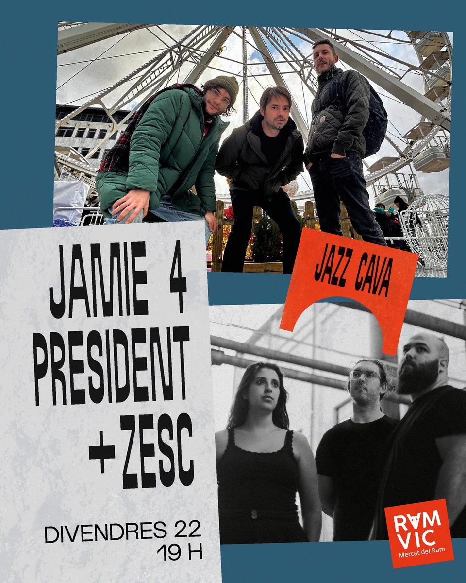 ⚡️ JAMIE 4 PRESIDENT + ZESC
#MercatdelRam 

📅 Divendres 22 de març, a les 19h
📍 Plaça del Carbó
🎟️ Entrada gratuïta