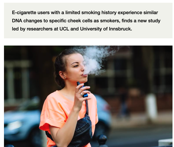 Il fumo di sigaretta elettronica provoca modifiche epigenetiche simili a  quelle osservate nei fumatori tradizionali. I dati sono preliminari ma  confermano che fumare qualsiasi tipo di sostanza (tabacco, mariuana, etc) fa  male