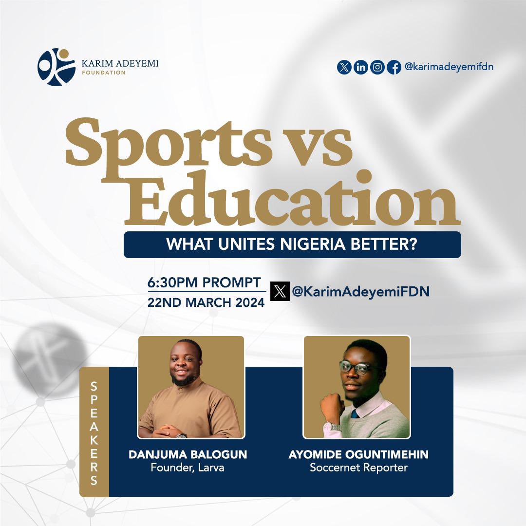 I will be on @karimadeyemifdn space this evening discussing Sports Vs Education.

Wetin pot bellied man like me go support before? 😅 Education of course. Let’s go 🚀🚀🚀