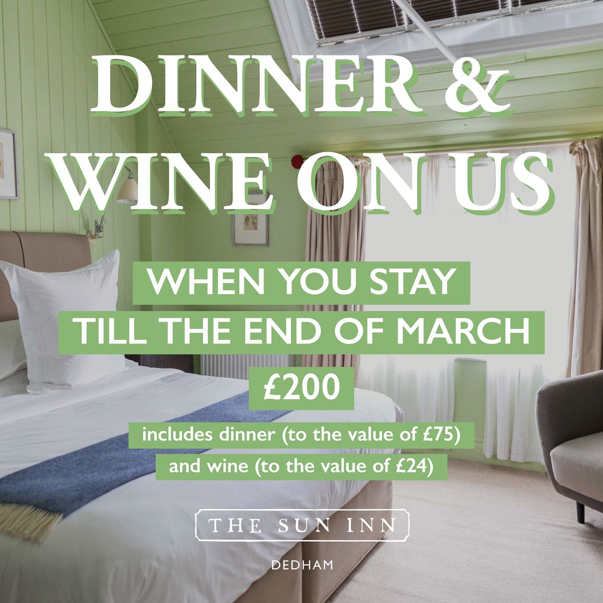 We have smattering of available rooms till the end of March, the final 10 days of our Dinner &amp; Wine on Us offer….

thesuninndedham.com/dinner-wine-on…