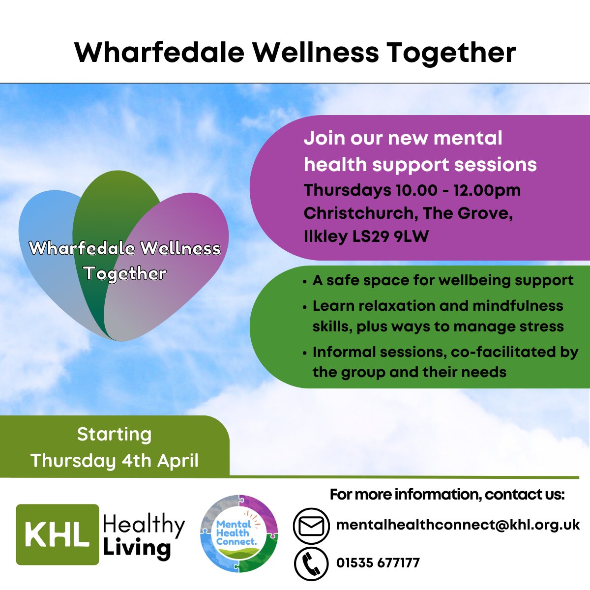 Join our new Wharfedale Wellness Together mental health support sessions, brought to your by our Mental Health Connect programme, starting 4th April in #Ilkley For more information, please email mentalhealthconnect@khl.org.uk #MentalHealthMatters