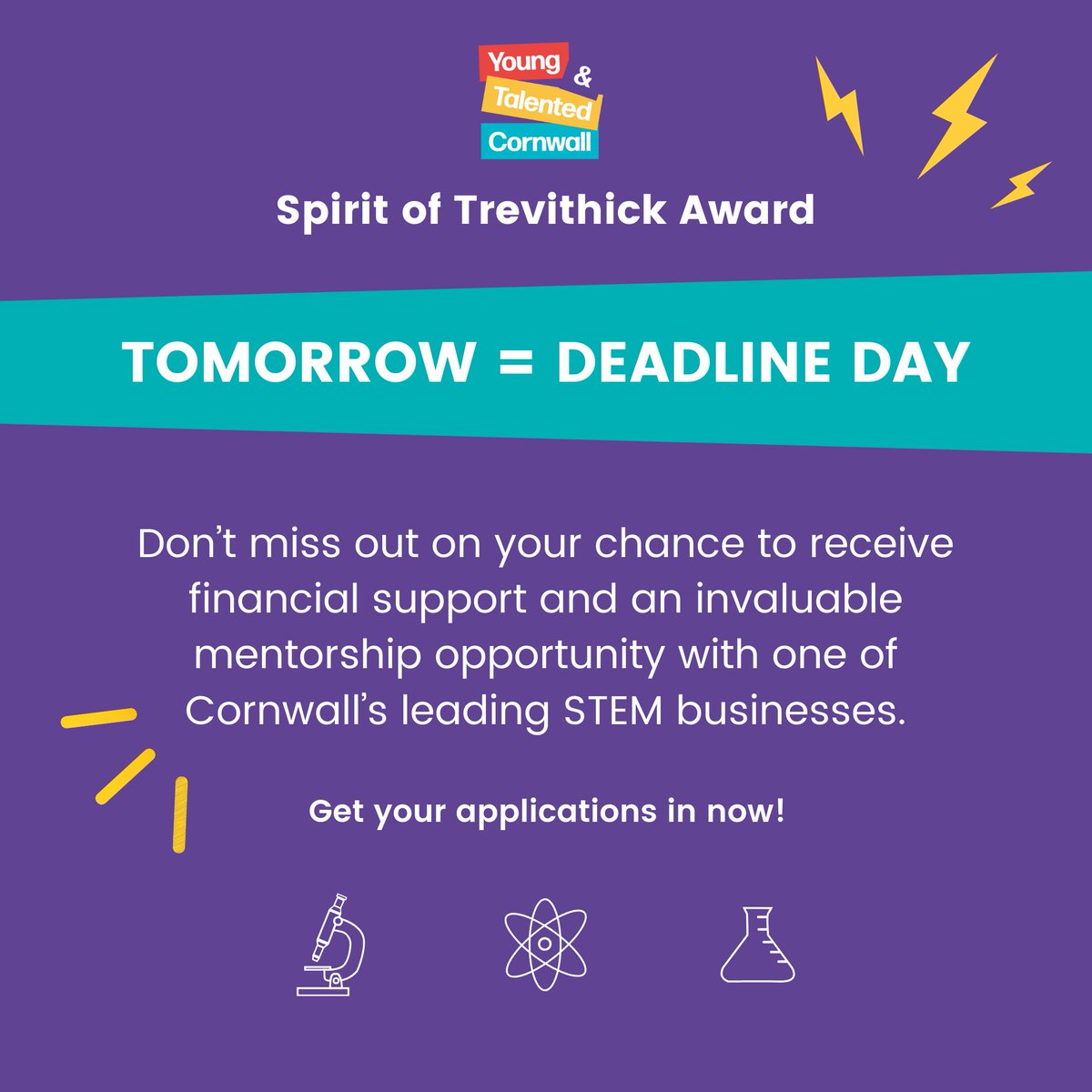 The clock is ticking! ⏰

We'd hate for you to miss out on this opportunity to kick start your career in STEM. 

We are offering STEM superstars mentoring packages with established Cornish businesses as well as financial support for your projects!

Apply: youngandtalentedcornwall.org/how-to-apply/s…