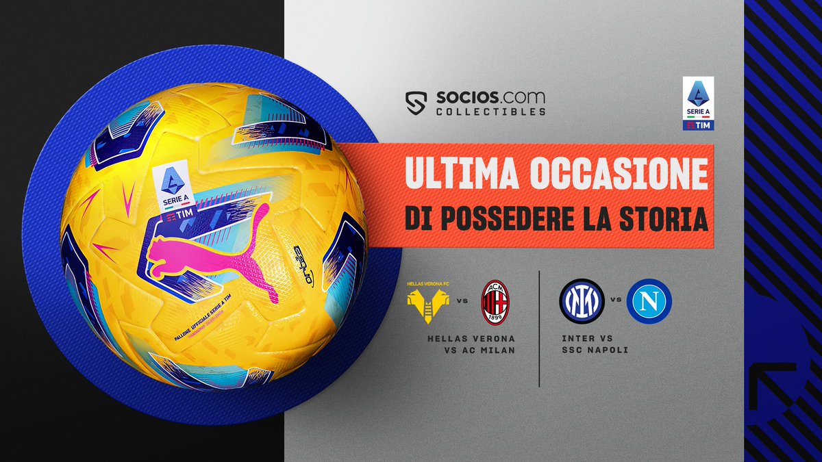 ⏳ Il tempo sta per scadere! 🔥 Ancora pochi giorni per avere un pezzo di storia della @SerieA: i palloni dei goal segnati in @inter vs @sscnapoli e Hellas Verona vs @acmilan. Vai all’asta e Possiedi il momento ➡️ bit.ly/SociosHub #SociosCollectibles #RewardYourPassion