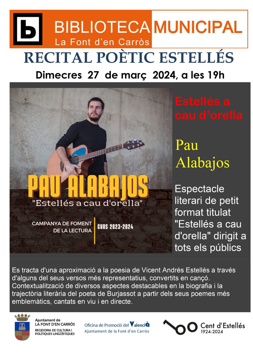 FontdEnCarros's tweet photo. 🖋 Dia de la poesia 🖋

👉 Encetem l’ANY ESTELLÉS amb este homenatge a un dels nostres millors poetes!

📣 El dimecres 27 de març tindrà lloc el recital poètic Estellés, un espectacle liteari de petit format titulat ‘Estellés a cau d’orella’ a càrrec de Pau Alabajos. https://t.co/ACoHKMyB6d