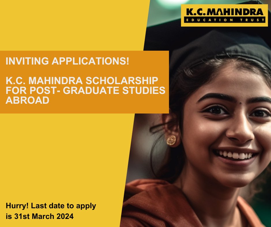 K.C. Mahindra Education Trust (@kcmahindraeduc1) on Twitter photo 🌟 Attention all aspiring scholars!
Fulfil your academic dreams with the K.C. Mahindra Scholarship for Post-Graduate Studies Abroad.
Applications close on March 31st, 2024.
To apply, click the link in our bio or email at kcmetscholarships@mahindra.com.
#KCMET #StudyAbroad 🌟 Attention all aspiring scholars!
Fulfil your academic dreams with the K.C. Mahindra Scholarship for Post-Graduate Studies Abroad.
Applications close on March 31st, 2024.
To apply, click the link in our bio or email at kcmetscholarships@mahindra.com.
#KCMET #StudyAbroad