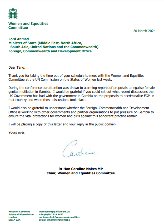 Last week at @UN_CSW, concerns were raised about proposals to legalise female genital mutilation in Gambia. Chair @carolinenokes has written to @JamesCleverly @ukhomeoffice and @tariqahmadbt @FCDOGovUK to ask about the Government's plans to protect women and girls 👇